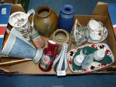 A box of china including studio pottery vases,