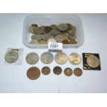 A tub of old British coins including Churchill and Queen Mother crowns, sixpences, threepences,
