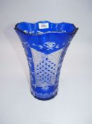 A circa 1930's heavy Bohemian crystal, blue vase, cut to clear,