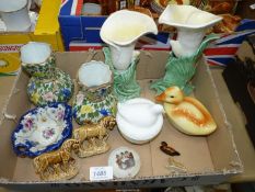 A quantity of china to include Little duckling dish, pigeon pate dish, two Sylvac Arum Lilly vases,
