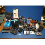 A box of Cameras to include Zeiss Ikon 35mm camera, flashes, binoculars, cases, etc.