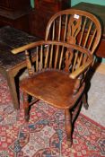 A solid Elm seated, mainly Elm and Ash bentwood armed and backed open armed Stickback Elbow Chair