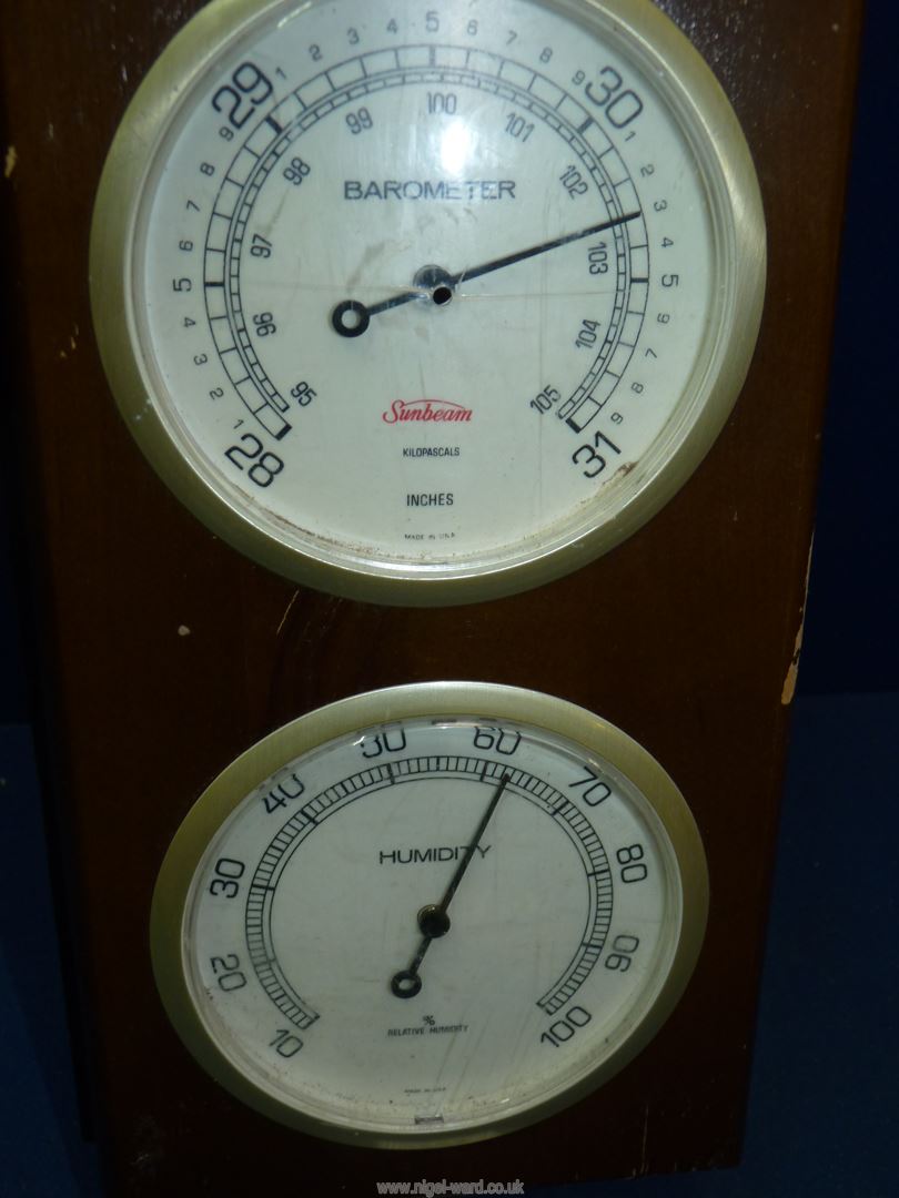 A Sunbeam barometer with thermometer and humidity gauge, central dial cracked, 16'' high x 6'' wide. - Image 3 of 4