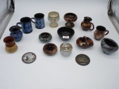 A collection of Ewenny pottery, pewter lidded pot, etc.