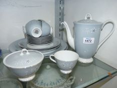 A part 'Seyei china' coffee set in pale grey/blue with leaf pattern,