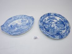 A Spode blue & white boat shaped dish decorated with a landscape and cattle,