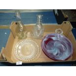 A quantity of glass including; decanter with non matching stopper,