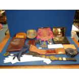 A quantity of leather and fabric items including shoulder bag, wallets, belts,