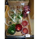 Six hock glasses and a quantity of green and red night light holders,