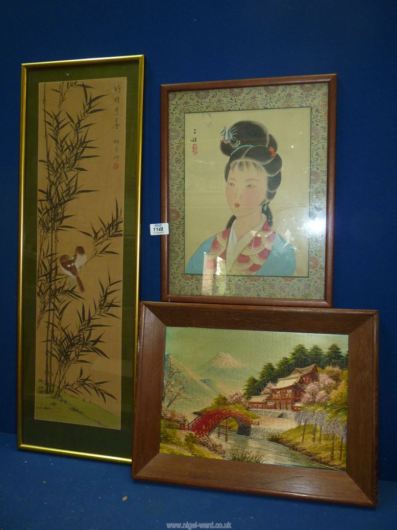 Two Prints on Silk; one of an Oriental lady,