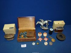 A small quantity of miscellanea including Horse and Jockey car mascot, two boxed Ronson lighters,
