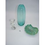 A Murano style swirled glass tray in aqua and beige with silver mica inclusions and white outer