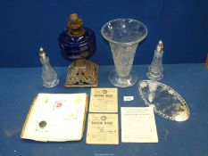 A quantity of miscellanea to include Galway glass pepper pots, stamps, ration books,