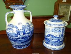 A large Spode Italian two handled vase (11" tall), together with a matching lidded canister.