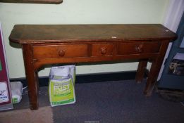A most unusual mellow Pine Dresser Base having three frieze drawers with turned wood handles and