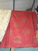 A pair of thermal lined red/gold curtains, 100" wide x 91" drop, some fading.
