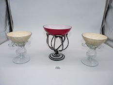 A pair of Josefina Krosno ornate bowls in beige marble effect, 4 3/4" wide x 5 3/4" tall,