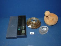 A wooden pestle and mortar, wine thermometer, green marble barometer and a small glass bowl.