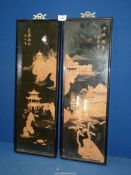 A pair of cork Dioramas with scenes of pagodas, trees, etc., 7 3/4" wide x 23 1/2" high.