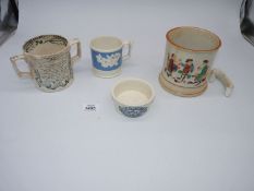 Three 19th Century Pottery mugs to include; 'God Speed The Plough', Frog mug,