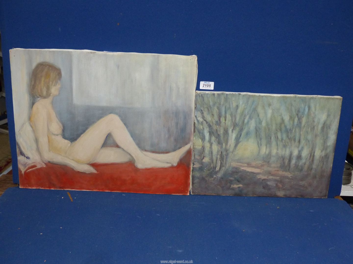 An Oil on canvas of a nude together with an impressionist style landscape.