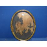 A Rowley Gallery oval gilt frame with marquetry picture of a lady and gentleman by a fountain.