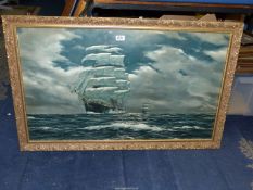 A large ornately framed Print of a tall ship on high seas, no visible signature.