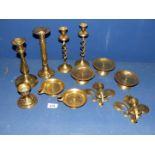 A quantity of candlesticks including pair of barley twist, column Candlesticks, plus pricket stands,