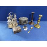 A quantity of Mixed metals to include Brass candlesticks, silver plated cruet set,