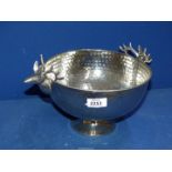 A chrome effect Punch/fruit Bowl with hammered design and deer head handles.