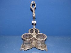 A plated triple bottle Coaster having a tall handle and ornate holders, 16" tall.