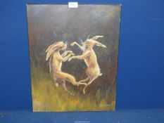 An unframed original Oil painting "Dancing Hares" signed by Jenny Dunn, 16" x 20".