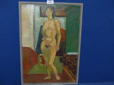 A Gabor Miklossy (Romanian 1912-1988) oil on board of a standing nude in a grey painted frame.