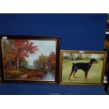 An Oil on canvas of an Autumn scene depicting a cottage beside still water,