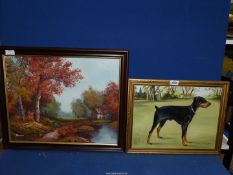 An Oil on canvas of an Autumn scene depicting a cottage beside still water,