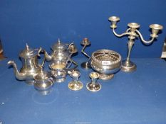 A box of silver plate to include tea and coffee service, candelabra, rose bowl, candlesticks, etc.