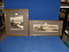 A Japanese gold leaf framed pictures of Mount Fuji and other, signed.