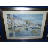 A framed and mounted Print depicting a Continental harbour scene, signed lower right Xavier F.