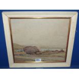 A Lyons Wilson Watercolour depicting a lakeside scene with boat and figure with a large rock in the