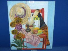 An unframed unsigned Oil on canvas depicting sunflower and hat, 14" x 17 3/4".