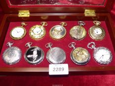 A box of ten pocket watches, etc.