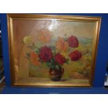 A large 20th Century Oil on board of a Still Life of Dahlias in a stoneware jug on an alcove of a