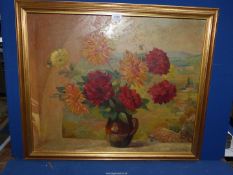 A large 20th Century Oil on board of a Still Life of Dahlias in a stoneware jug on an alcove of a
