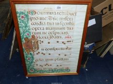 A framed hand illuminated painting calligraphy of antique Latin music sheet. 58cm x 44cm.