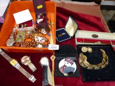 A box of costume jewellery including watches, Stratton compact, cufflinks, etc.
