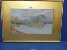 A framed coloured Pastel drawing depicting Eilean Donan Castle on a small island connected to the