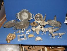 A quantity of pewter and plated items including pairs of pheasants and cockerels, dishes, etc.