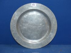An 18th century Pewter Charger, touchmarks to the back for Stiff William Bristol 1761, 15" diameter.