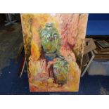 A large impressionistic loosely painted canvas depicting two Oriental vases against an orange,