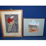 A watercolour of a saxophonist by Philip Munday and a naive watercolour of boats.